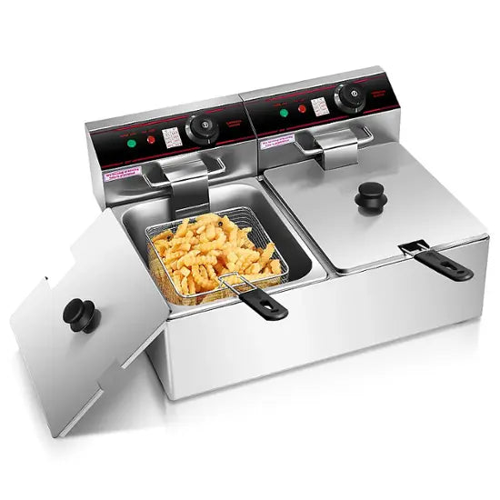 Costway - 3400w Electric Countertop Deep Fryer Dual Tank Commercial Restaurant Steel - Silver