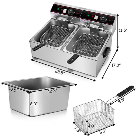 Costway - 3400w Electric Countertop Deep Fryer Dual Tank Commercial Restaurant Steel - Silver