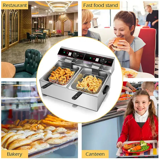 Costway - 3400w Electric Countertop Deep Fryer Dual Tank Commercial Restaurant Steel - Silver