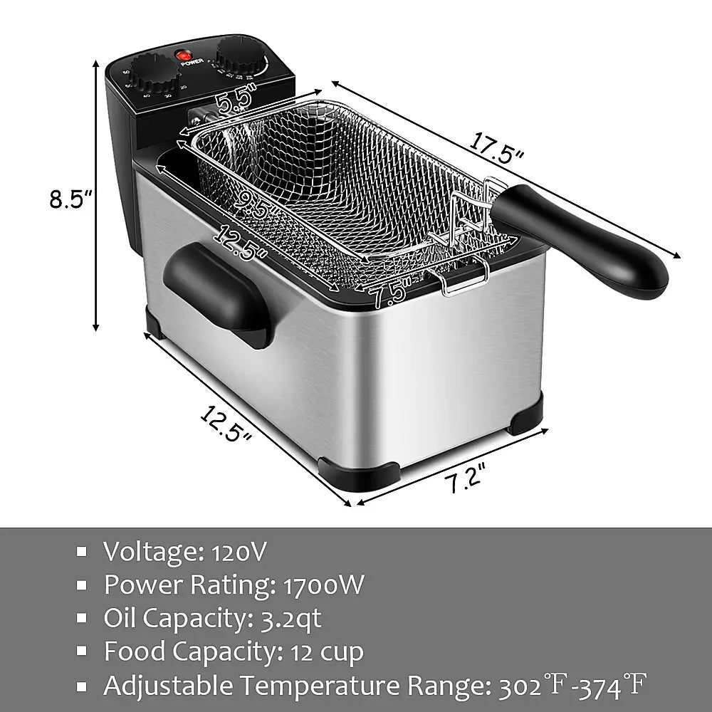 Costway - 3.2 Quart Electric Deep Fryer 1700W Stainless Steel Timer Frying Basket - Black/Silver