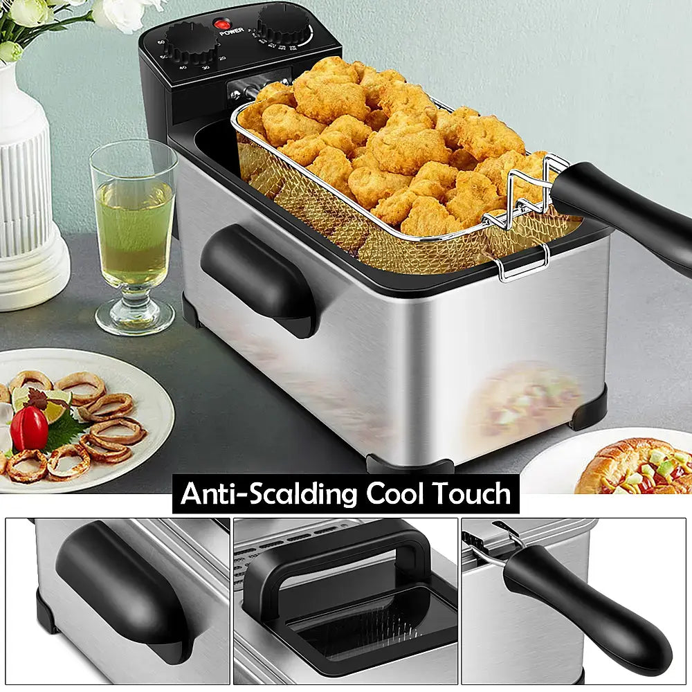 Costway - 3.2 Quart Electric Deep Fryer 1700W Stainless Steel Timer Frying Basket - Black/Silver