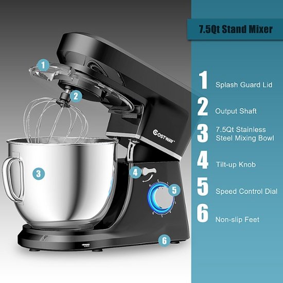 Costway - Tilt-Head Stand Mixer 7.5 Qt 6 Speed 660W with Dough Hook, Whisk & Beater - Black